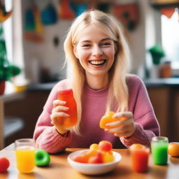 A blonde-haired woman, one hand holding a bottle, and the other hand eating a gummy