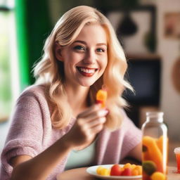 A blonde-haired woman, one hand holding a bottle, and the other hand eating a gummy