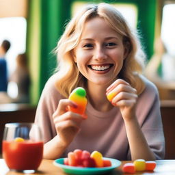 A blonde-haired woman, one hand holding a bottle, and the other hand eating a gummy