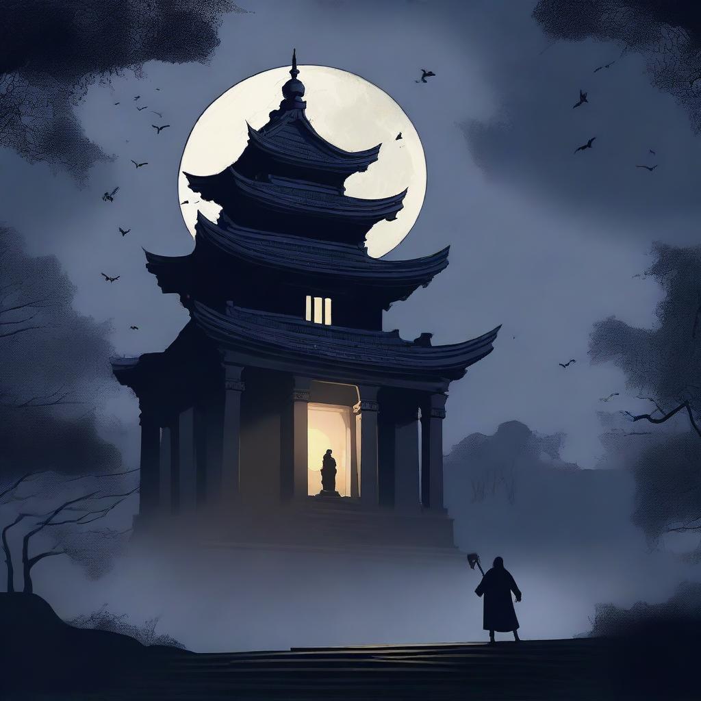 A dark illustration of a lone king wielding a sword in his hand standing in front of an old temple in a forest