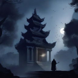 A dark illustration of a lone king wielding a sword in his hand standing in front of an old temple in a forest