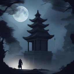 A dark illustration of a lone king wielding a sword in his hand standing in front of an old temple in a forest