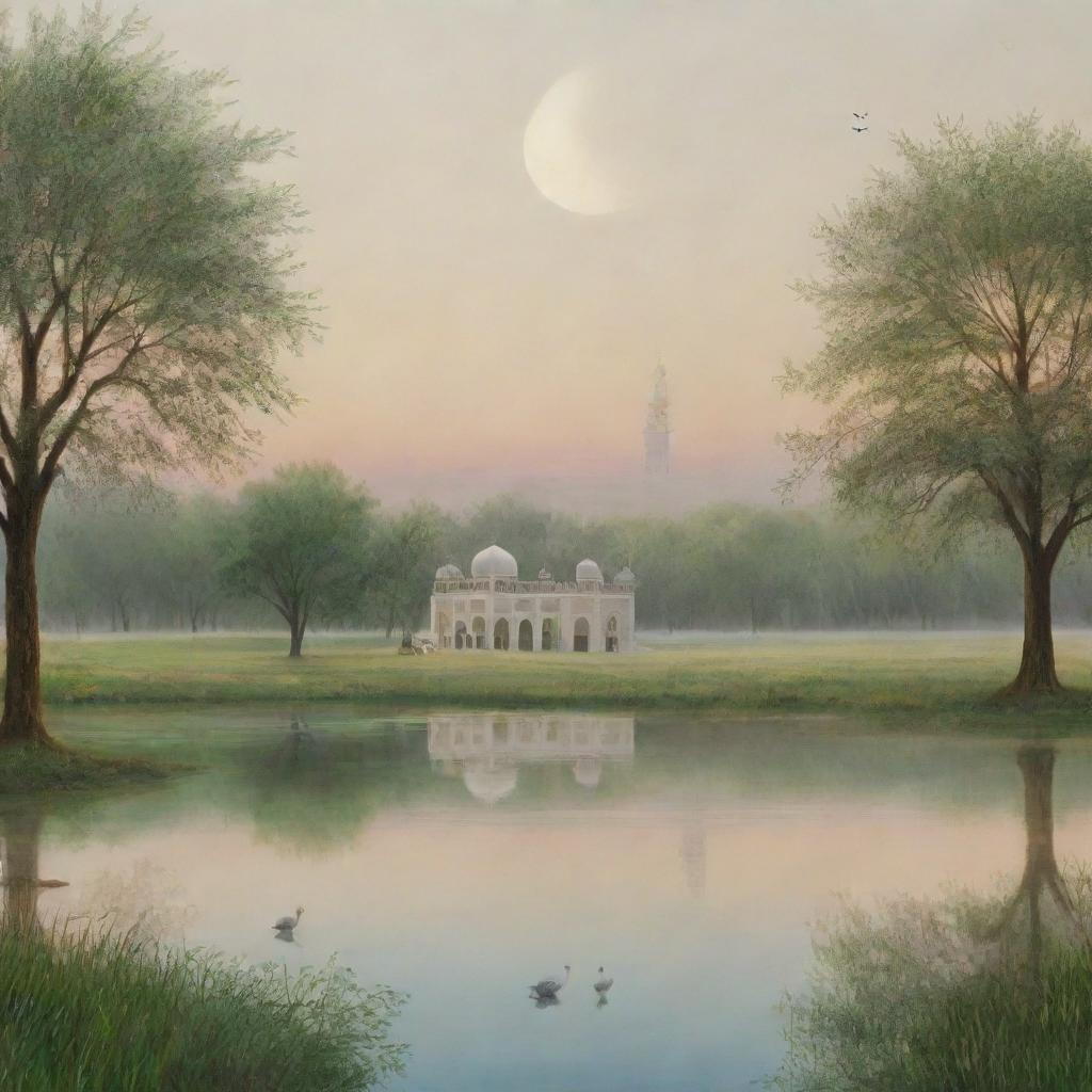 An artistic representation of a serene and peaceful scene, encapsulating the traits of being entirely merciful and especially merciful, with subtle Islamic symbolism.