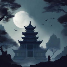 A dark illustration of a lone king wielding a sword in his hand standing in front of an old temple in a forest