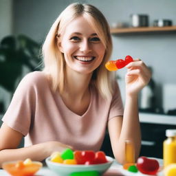 A blonde-haired woman in a kitchen, one hand holding a bottle, and the other hand eating a gummy