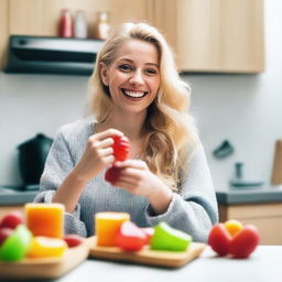 A blonde-haired woman in a kitchen, one hand holding a bottle, and the other hand eating a gummy