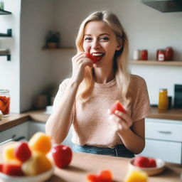 A blonde-haired woman in a kitchen, one hand holding a bottle, and the other hand eating a gummy