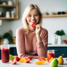 A blonde-haired woman in a kitchen, one hand holding a bottle, and the other hand eating a gummy