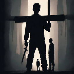 A dark portrait of a teenager with two swords hanging like a cross on his back