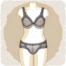 A detailed illustration of a fashionable lingerie set displayed on a mannequin