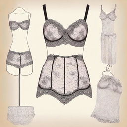 A detailed illustration of a fashionable lingerie set displayed on a mannequin