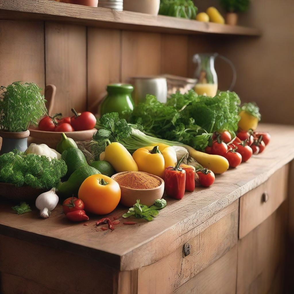 A rustic wooden table filled with an assortment of natural ingredients such as fresh herbs, spices, fruits, and vegetables