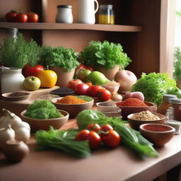 A rustic wooden table filled with an assortment of natural ingredients such as fresh herbs, spices, fruits, and vegetables