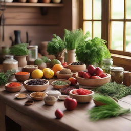 A rustic wooden table filled with an assortment of natural ingredients such as fresh herbs, spices, fruits, and vegetables