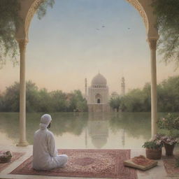 An artistic representation of a serene and peaceful scene, encapsulating the traits of being entirely merciful and especially merciful, with subtle Islamic symbolism.