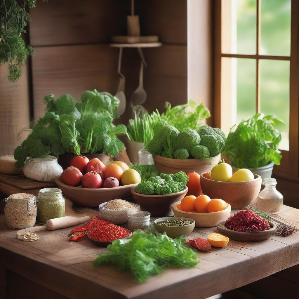 A rustic wooden table filled with an assortment of natural ingredients such as fresh herbs, spices, fruits, and vegetables