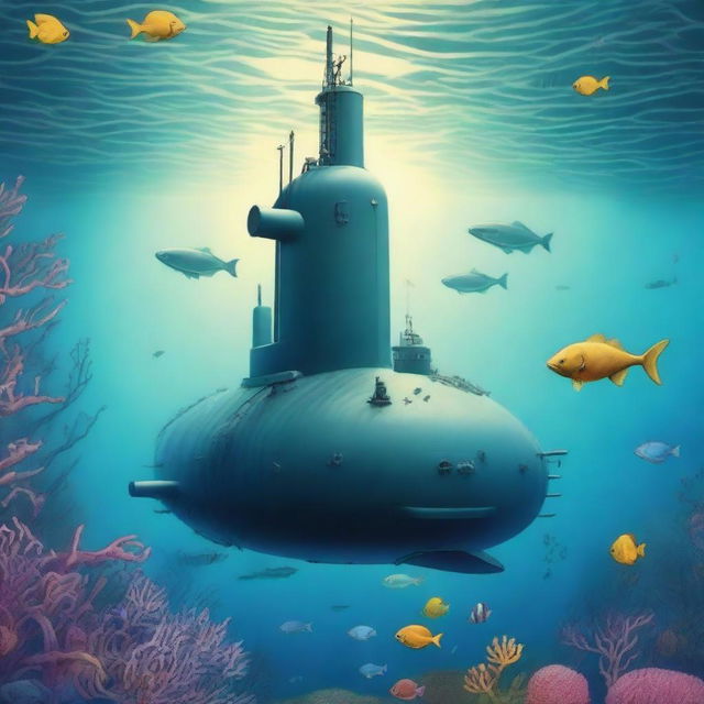 A detailed and captivating book cover featuring a submarine exploring the depths of the ocean, with mysterious sea creatures and underwater landscapes