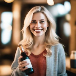 A blonde-haired woman holding a bottle in one hand