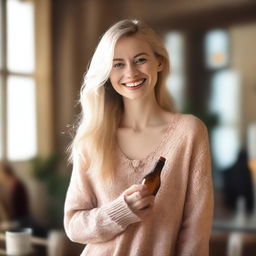 A blonde-haired woman holding a bottle in one hand