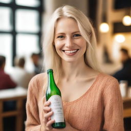 A blonde-haired woman holding a bottle in one hand