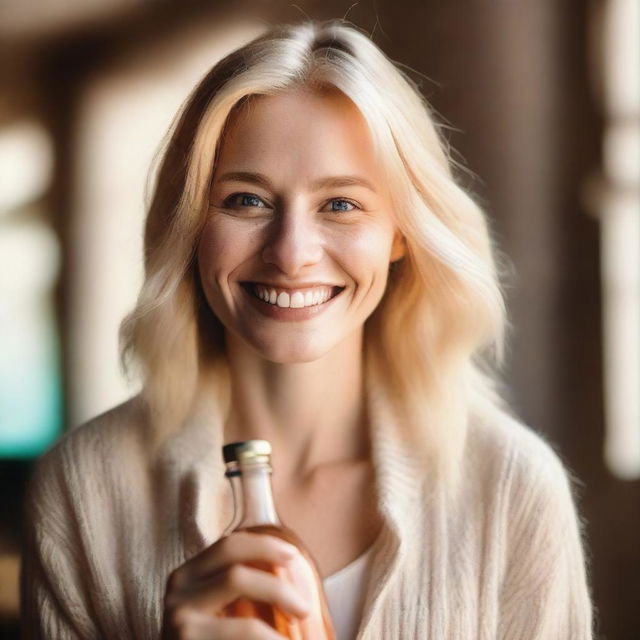 A blonde-haired woman holding a bottle in one hand