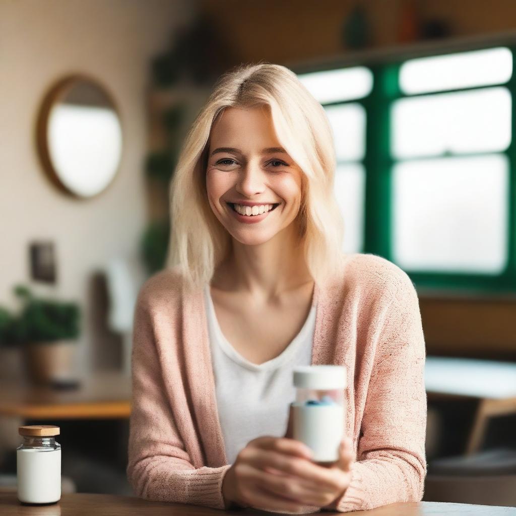 A blonde-haired woman holding a pill bottle in one hand