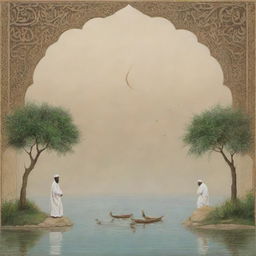 An artistic representation of a serene and peaceful scene, encapsulating the traits of being entirely merciful and especially merciful, with subtle Islamic symbolism.