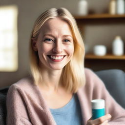 A blonde-haired woman holding a pill bottle in one hand