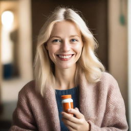 A blonde-haired woman holding a pill bottle in one hand