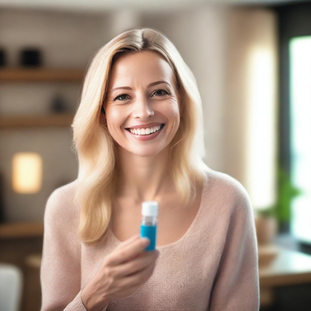 A blonde-haired woman holding a pill bottle in one hand