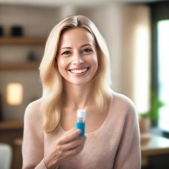 A blonde-haired woman holding a pill bottle in one hand