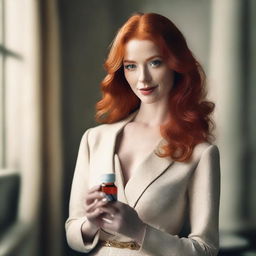 A red-haired woman holding a pill bottle in one hand