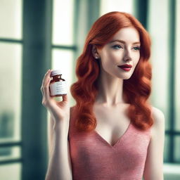 A red-haired woman holding a pill bottle in one hand