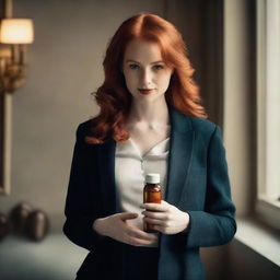 A red-haired woman holding a pill bottle in one hand