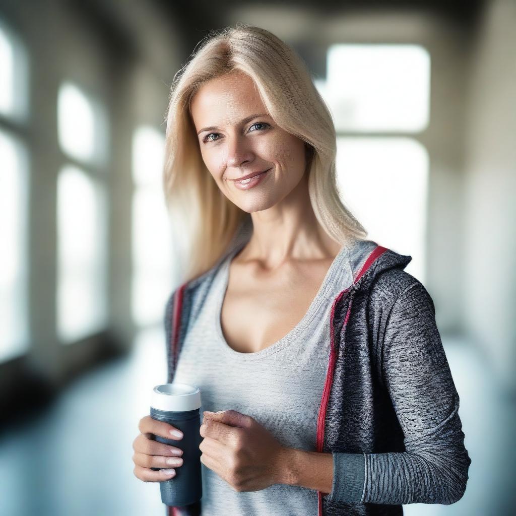 A blonde-haired woman with a confident and athletic appearance, wearing sporty clothes