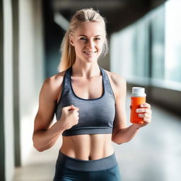 A blonde-haired woman with a confident and athletic appearance, wearing sporty clothes