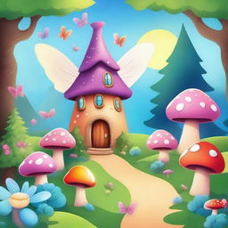 Create an enchanting fairyland scene in a whimsical cartoon style