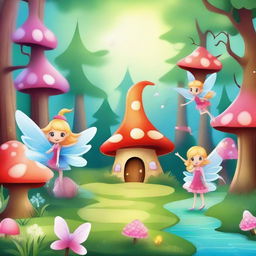 Create an enchanting fairyland scene in a whimsical cartoon style