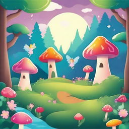 Create an enchanting fairyland scene in a whimsical cartoon style