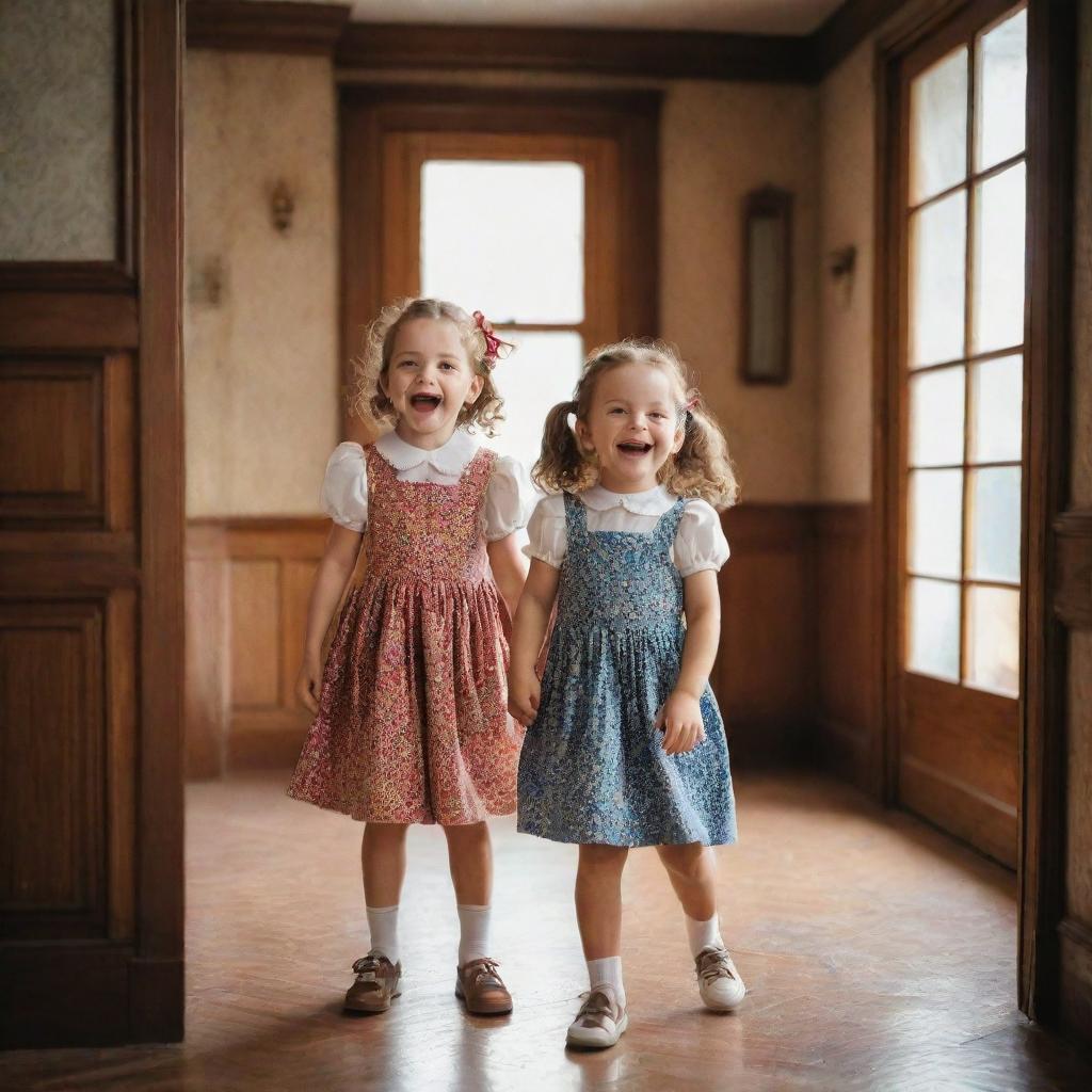 Cheerful children dressed in 90s style clothes playing in a vintage house, sparkling with the nostalgic atmosphere of the era