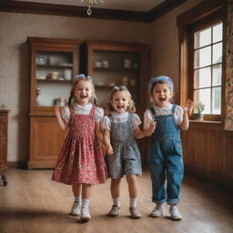 Cheerful children dressed in 90s style clothes playing in a vintage house, sparkling with the nostalgic atmosphere of the era