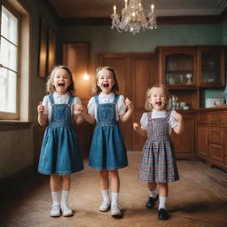 Cheerful children dressed in 90s style clothes playing in a vintage house, sparkling with the nostalgic atmosphere of the era