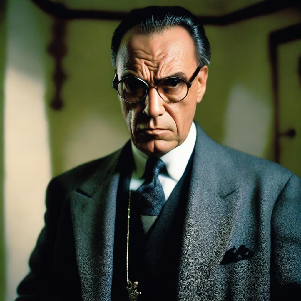 An angry man wearing a gunmetal gray coat, white gloves, a cross necklace, and big round reading glasses