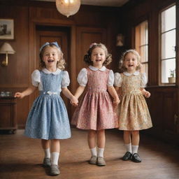 Cheerful children dressed in 90s style clothes playing in a vintage house, sparkling with the nostalgic atmosphere of the era