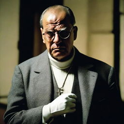 An angry man wearing a gunmetal gray coat, white gloves, a cross necklace, and big round reading glasses