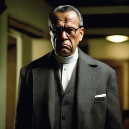 An angry man wearing a gunmetal gray coat, white gloves, a cross necklace, and big round reading glasses