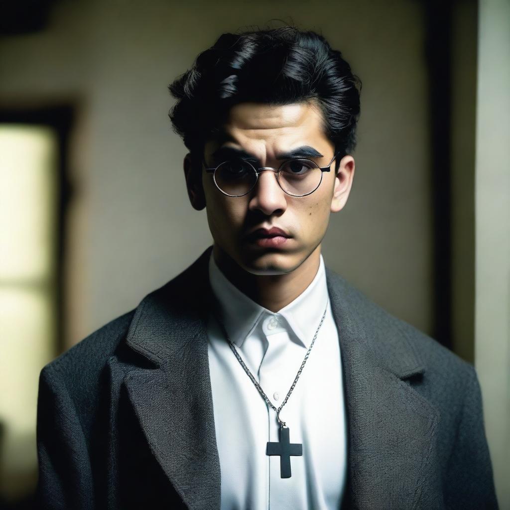 An angry young man wearing a gunmetal gray coat, white gloves, a cross necklace, and big round reading glasses