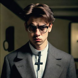 An angry young man wearing a gunmetal gray coat, white gloves, a cross necklace, and big round reading glasses