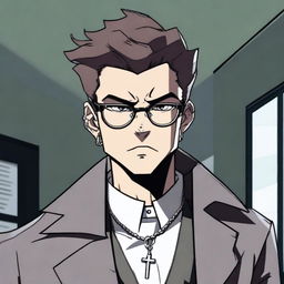 An angry young man wearing a gunmetal gray coat, white gloves, a cross necklace, and big round reading glasses