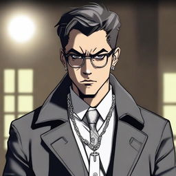 An angry young man wearing a gunmetal gray coat, white gloves, a cross necklace, and big round reading glasses